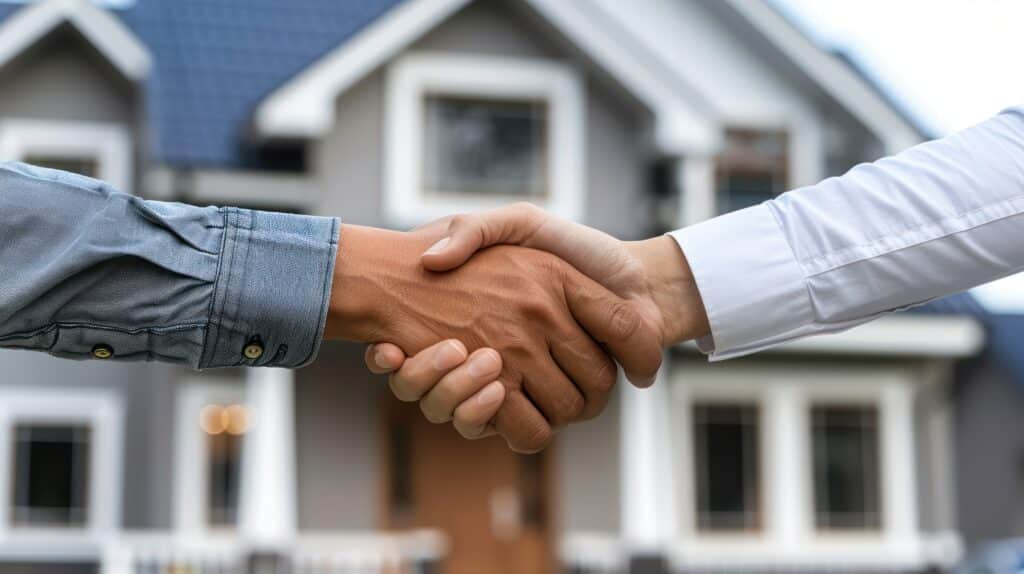 Close up handshake agreement join the property business deal. Generative AI