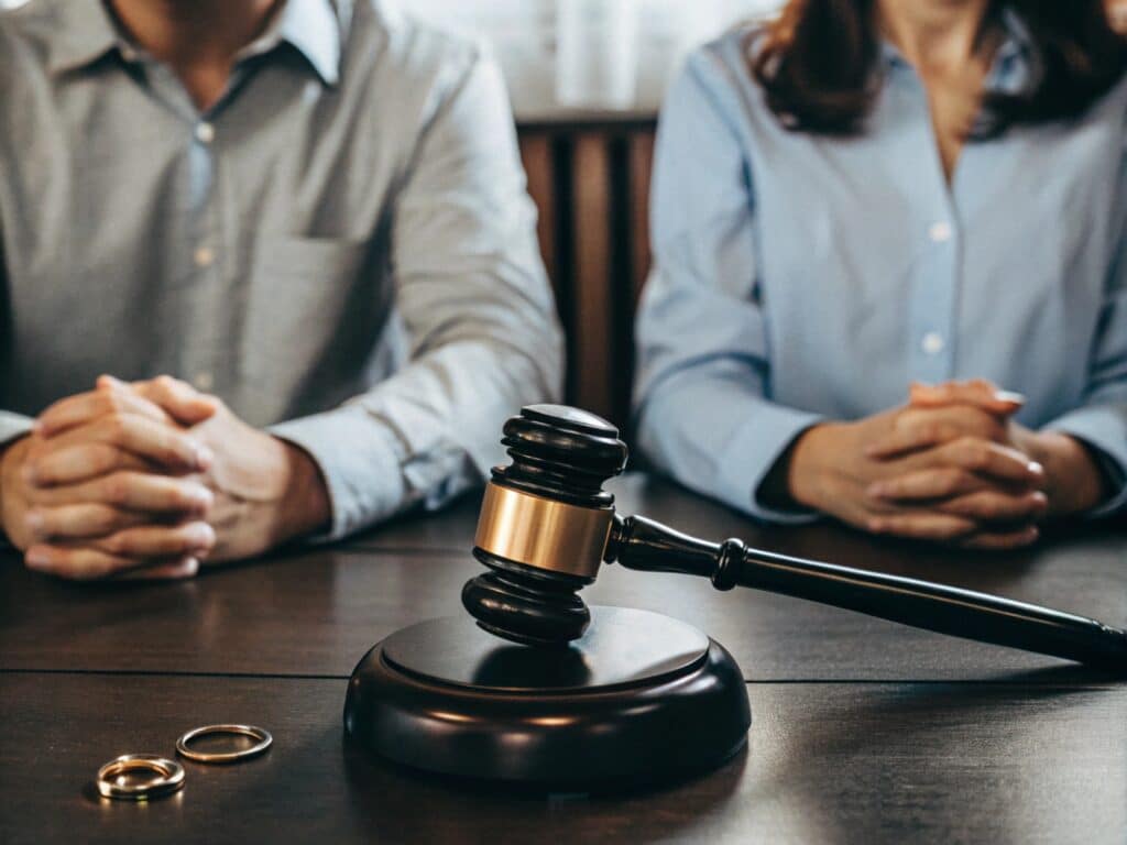 Divorce Proceedings Discussion with Gavel and Wedding Rings generative ai